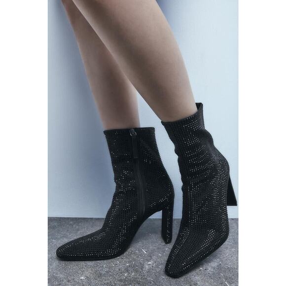Zara Shoes - NWT ZARA Women’s Black Rhinestone Heeled Ankle Boots Size 8.5 US 38-39 EU
